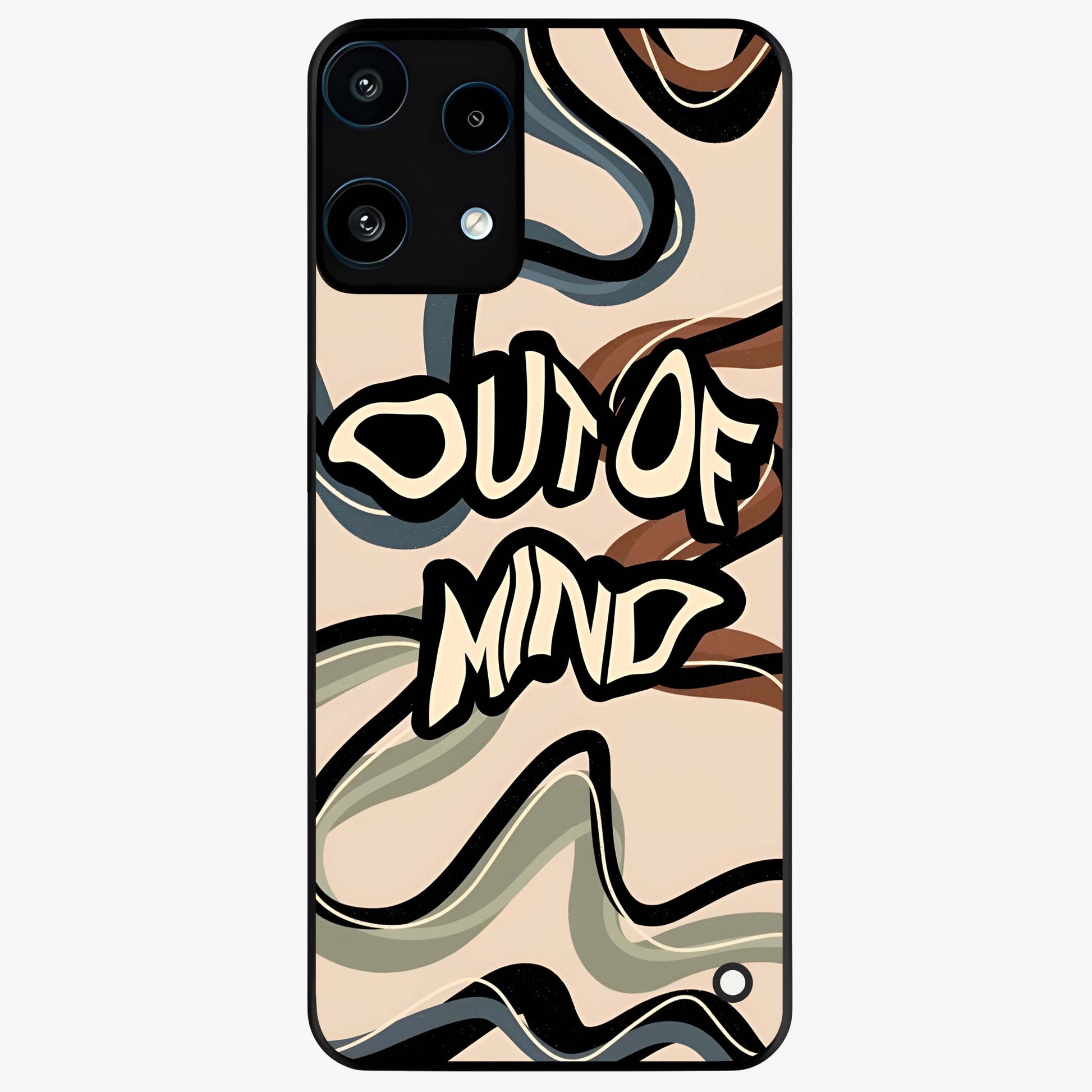 Out Of Mind Glass Case showing flat back view with expressive typography artwork and glossy glass finish.