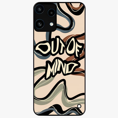 Out Of Mind Glass Case showing flat back view with expressive typography artwork and glossy glass finish.