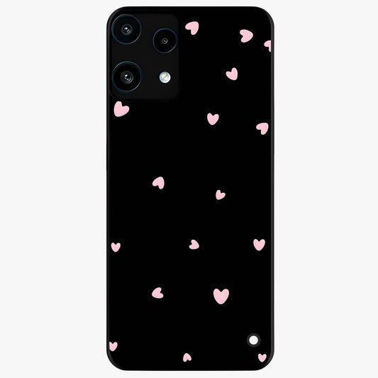 Pink Love Drops Glass Case showing flat back view with playful pink heart drops artwork and glossy glass finish.