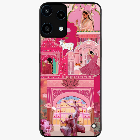Pink Palace Muse Glass Case showing flat back view with elegant palace inspired artwork and glossy glass finish.