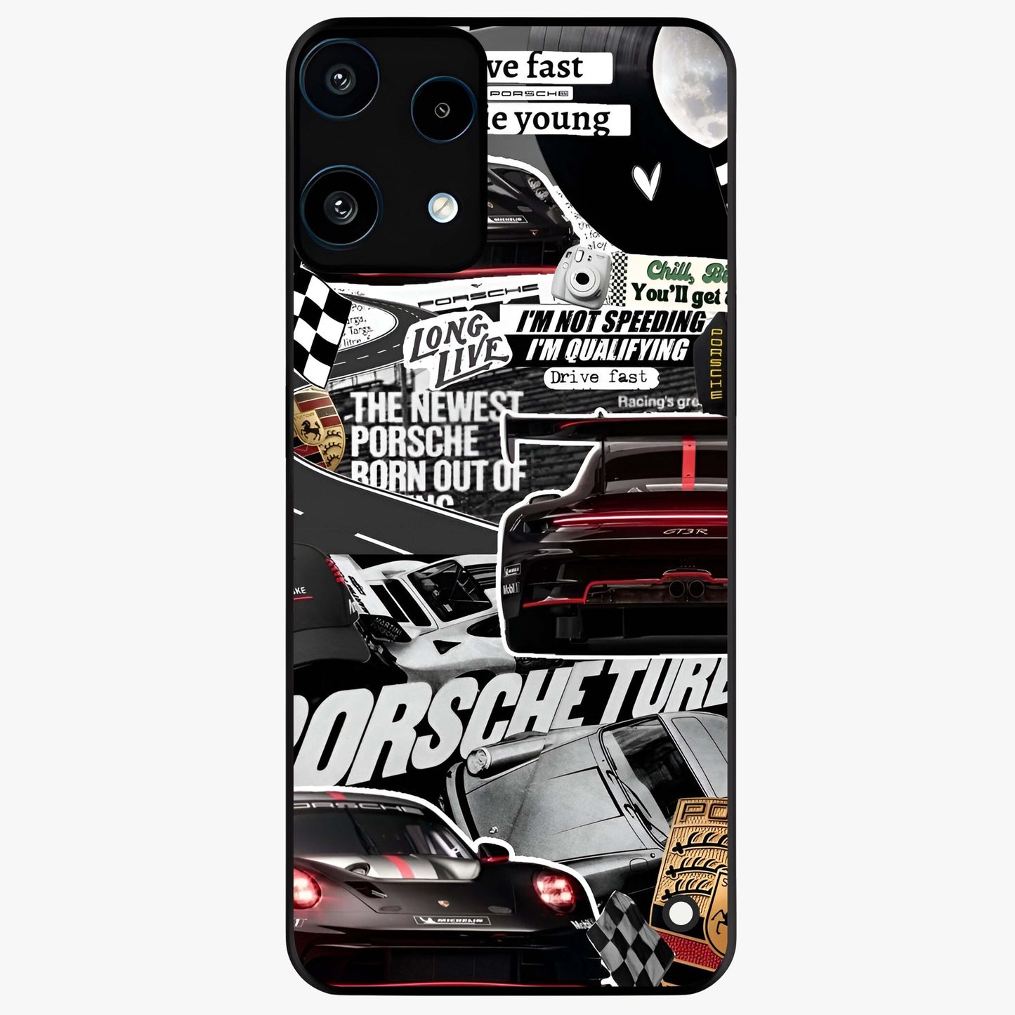 Porsche Racing Collage Glass Case showing flat back view with sports car racing collage artwork and glossy glass finish.