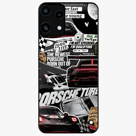 Porsche Racing Collage Glass Case showing flat back view with sports car racing collage artwork and glossy glass finish.