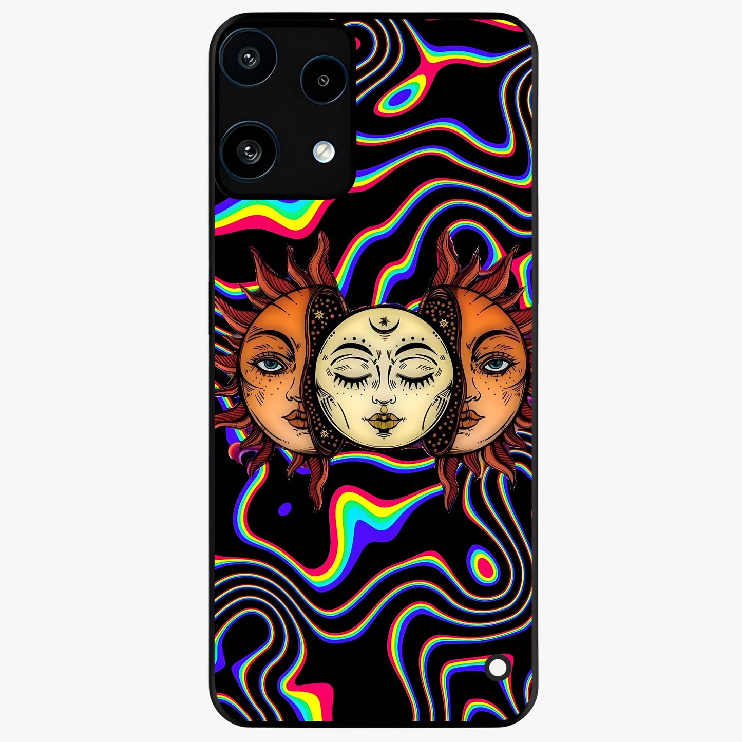 Psychedelic Sun Glass Case showing flat back view with colorful psychedelic sun artwork and glossy glass finish.