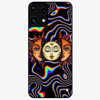 Psychedelic Sun Glass Case showing flat back view with colorful psychedelic sun artwork and glossy glass finish.