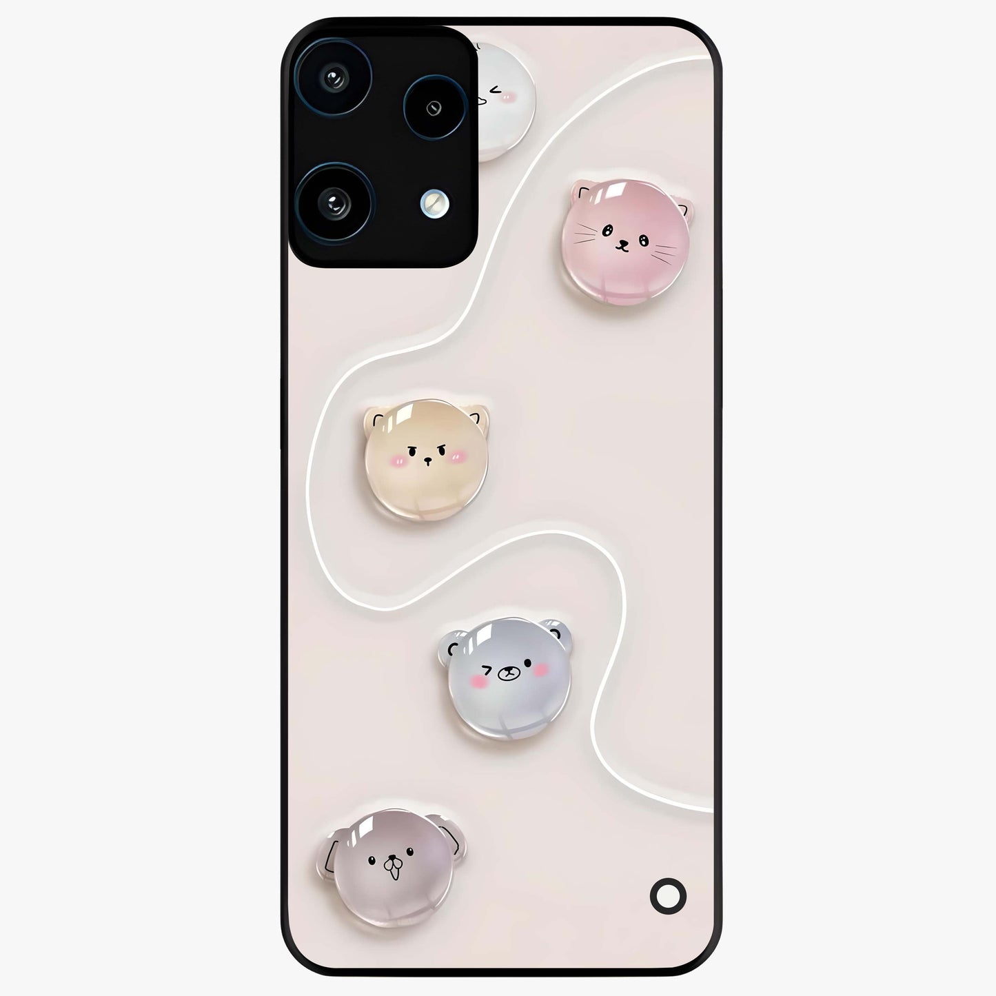 Puffy Face Parade Glass Case showing flat back view with cute puffy character faces artwork and glossy glass finish.