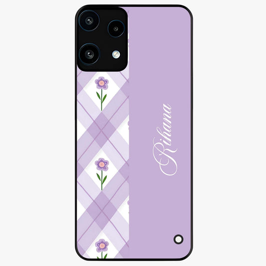 Purple Diamond Floral Glass Case showing flat back view with diamond shaped floral artwork and glossy glass finish.