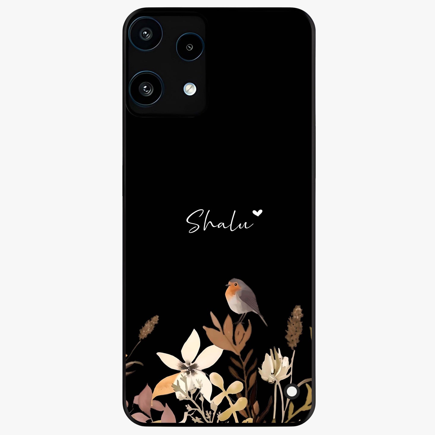 Quiet Garden Tune Custom Name Glass Case showing flat back view with peaceful garden artwork and personalized name design.
