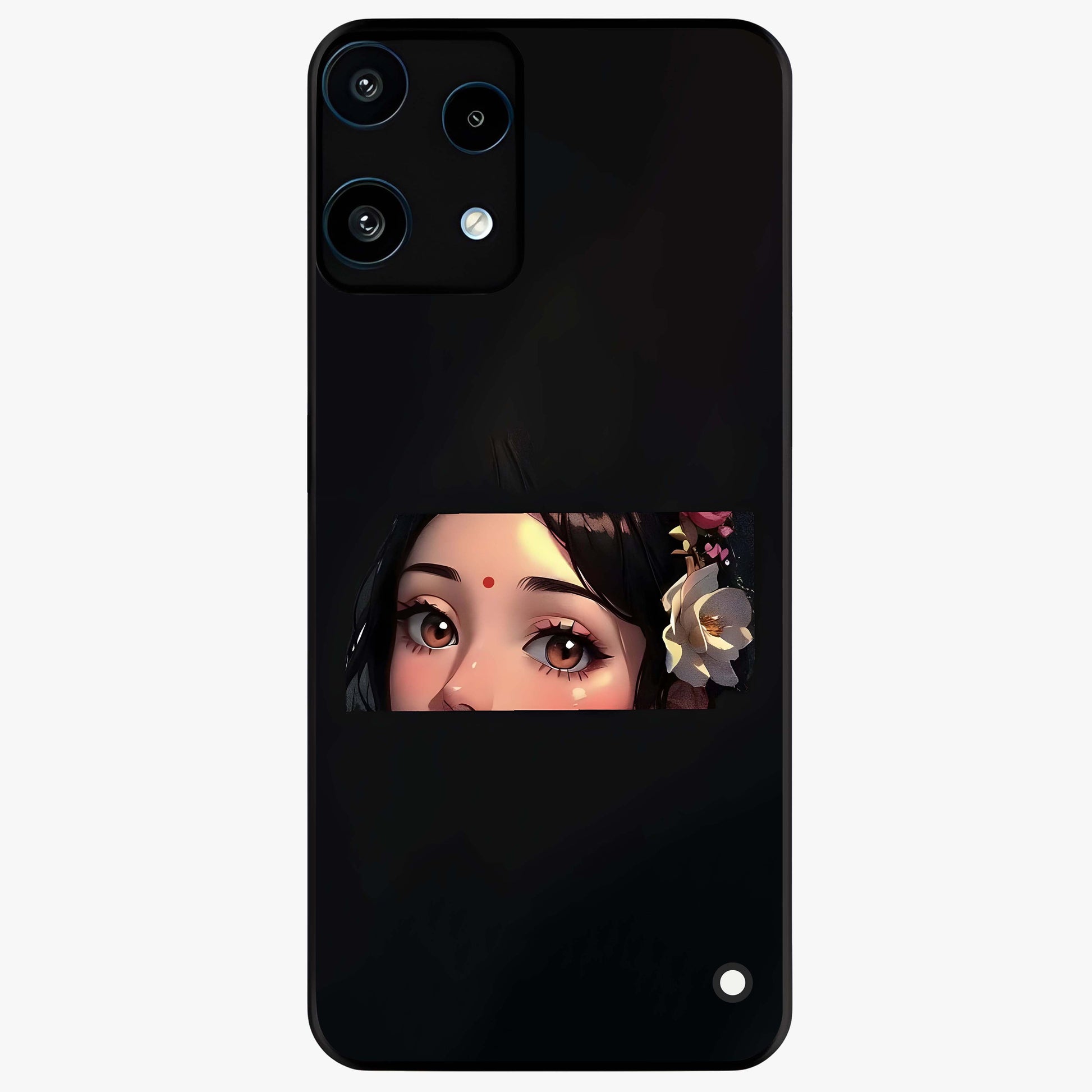 Radha Divine Embrace Glass Case showing flat back view with devotional Radha artwork and glossy glass finish.