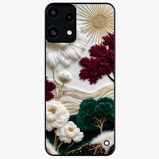Radiant Bloom Elegance Glass Case showing flat back view with elegant blooming flower artwork and glossy glass finish.