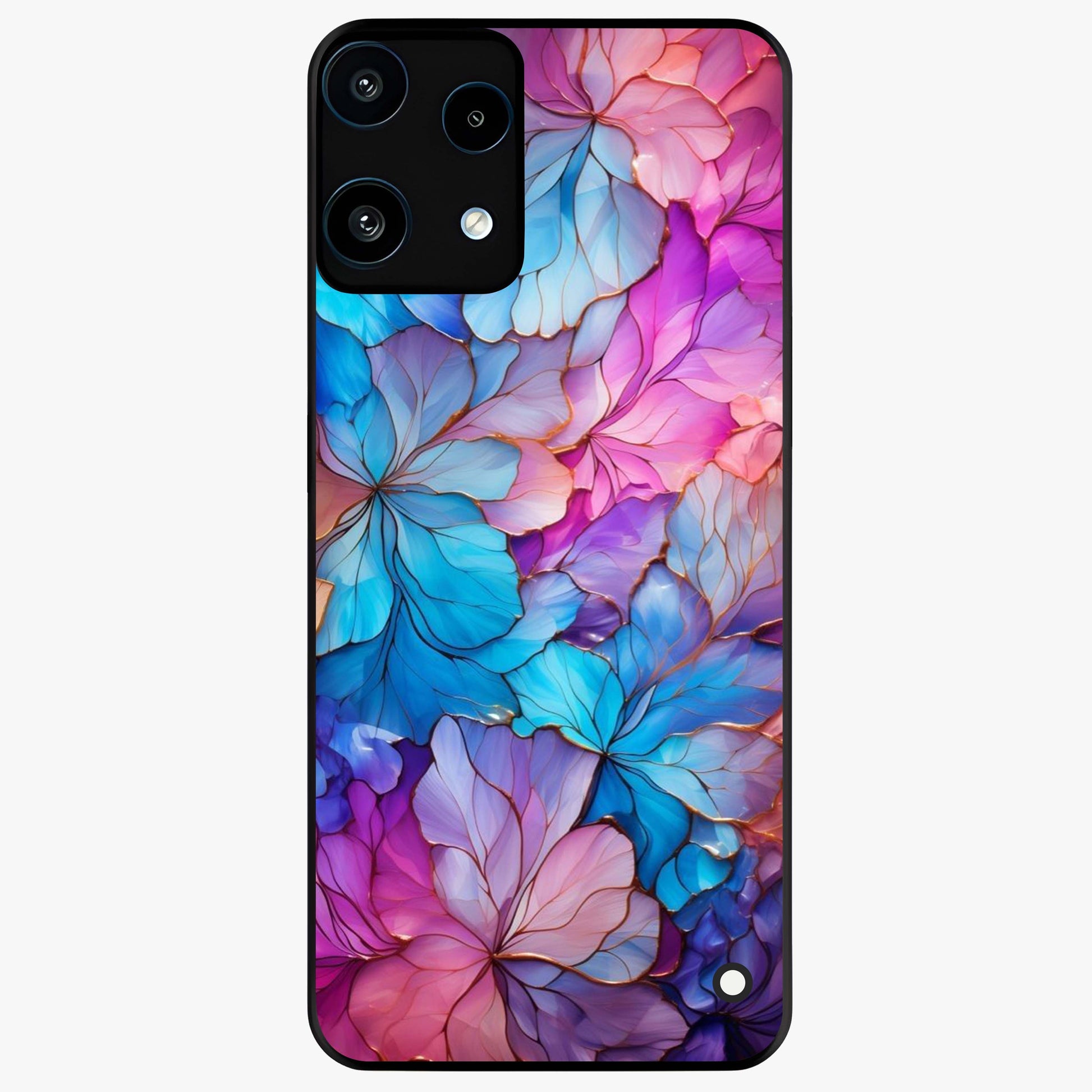 Radiant Floral Whirl Glass Case showing flat back view with swirling floral artwork and glossy glass finish.