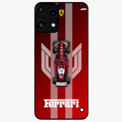Red Ferrari F1 Vertical Glass Case showing flat back view with sleek Formula racing car artwork and glossy glass finish.