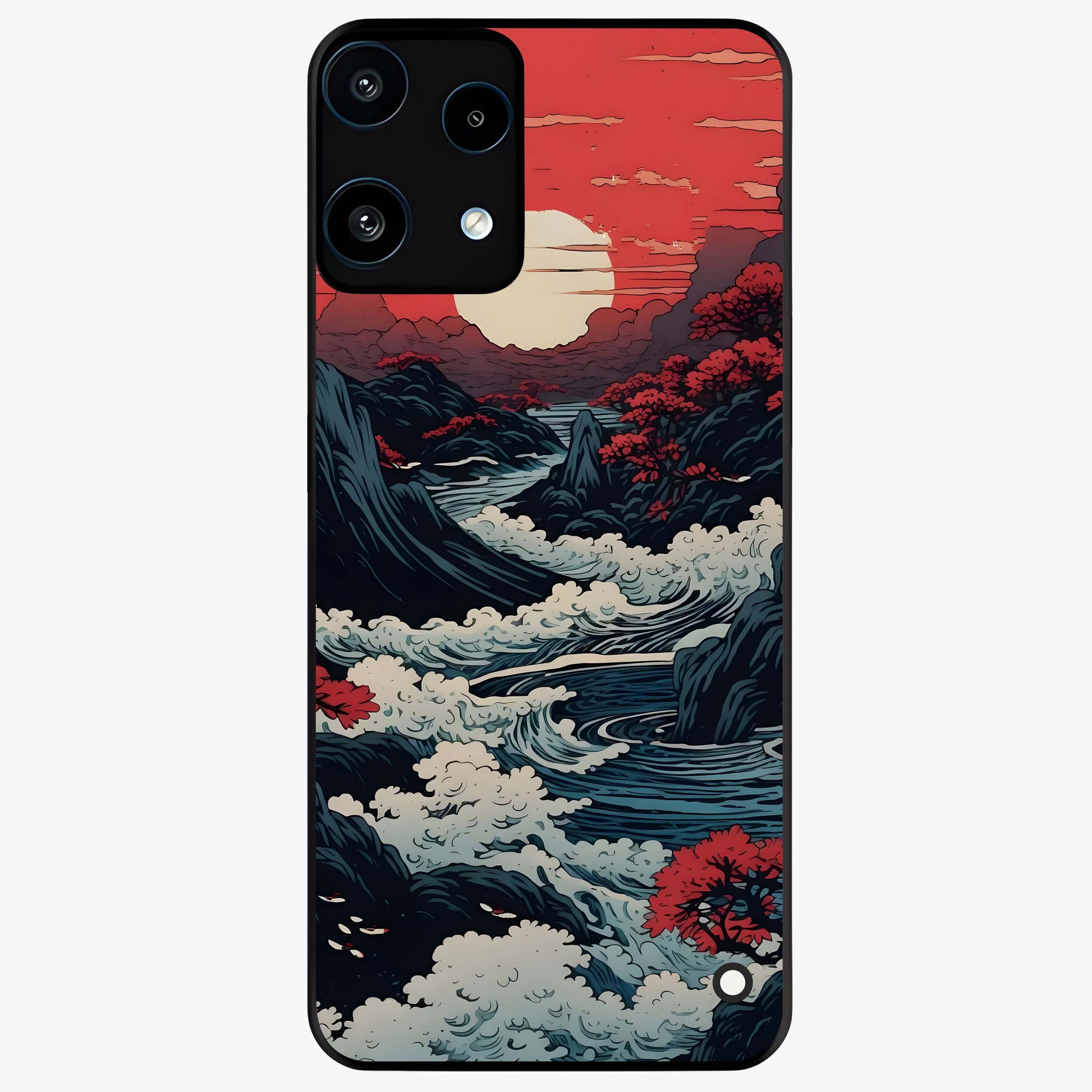 Red Sunset Scenery Glass Case showing flat back view with vibrant sunset landscape artwork and glossy glass finish.