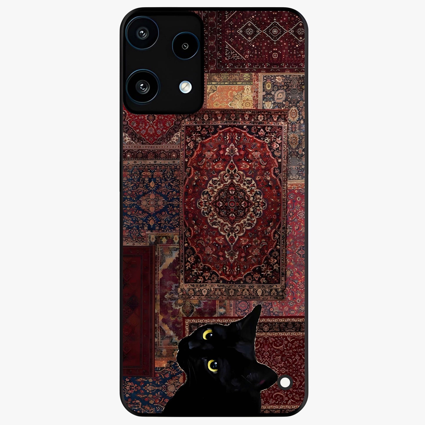 Regal Magic Cat Apple Glass Case showing flat back view with magical cat artwork holding apple and glossy glass finish.