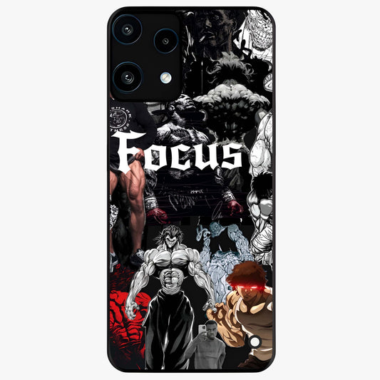 Relentless Power Focus Glass Case showing flat back view with motivational typography artwork and glossy glass finish.