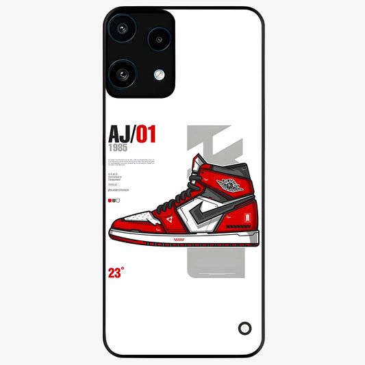 Retro Sneaker Blueprint Glass Case showing flat back view with sneaker blueprint style artwork and glossy glass finish.