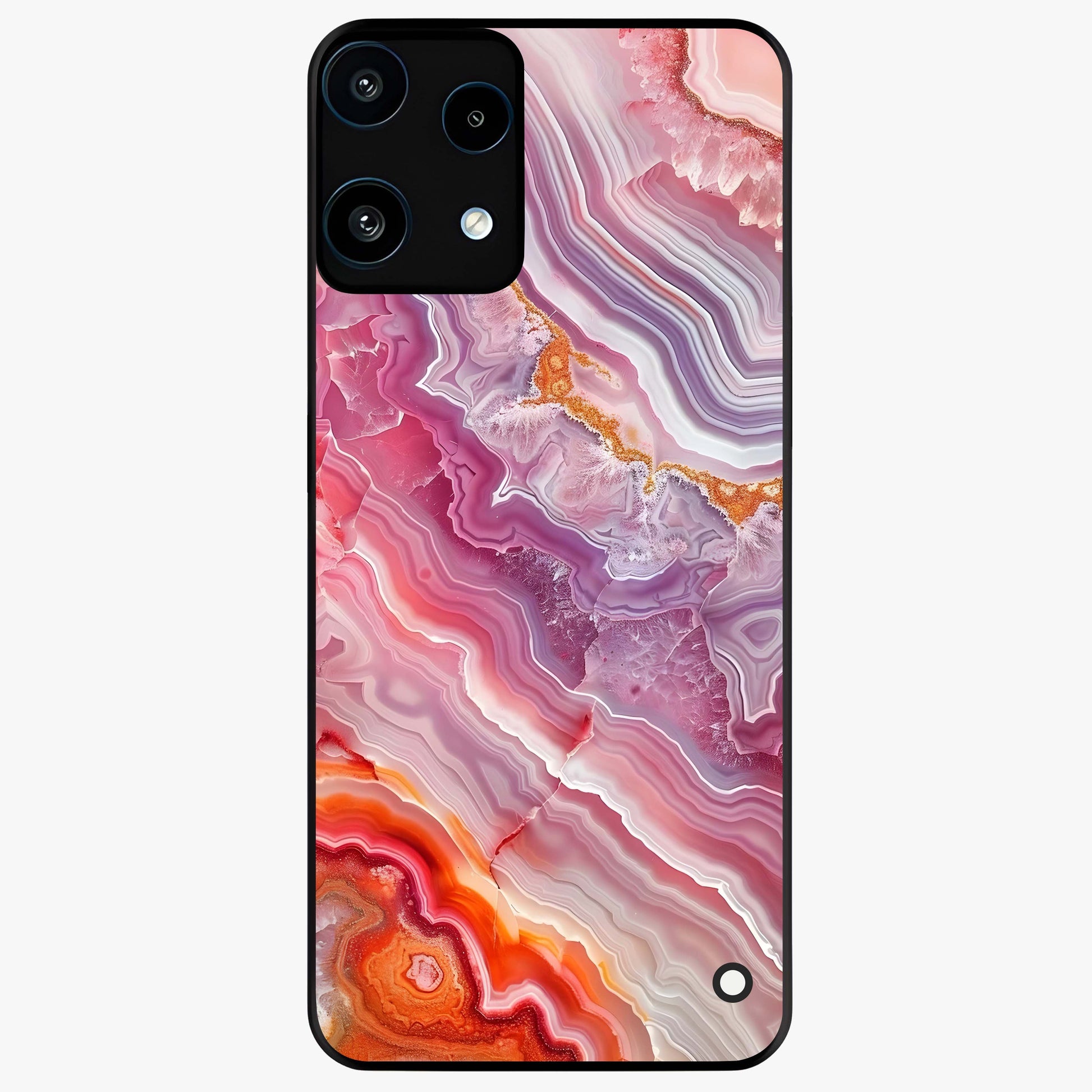 Rose Quartz Marble Glass Case showing flat back view with pink marble quartz texture artwork and glossy glass finish.