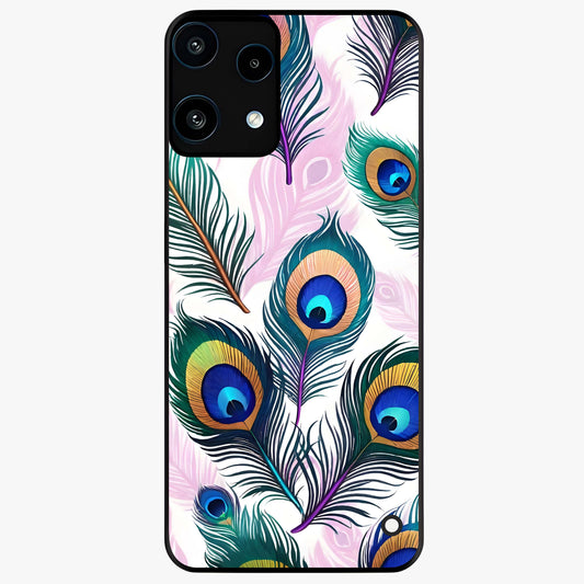 Royal Peacock Feathers Glass Case showing flat back view with colorful peacock feather artwork and glossy glass finish.
