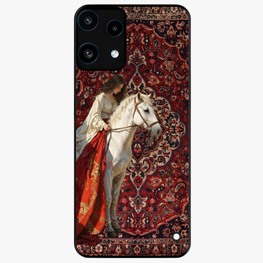Royal Rider Tapestry Glass Case showing flat back view with majestic horse rider tapestry artwork and glossy glass finish.