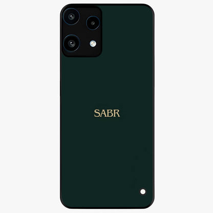 Sabr Minimal Patience Glass Case showing flat back view with minimalist typography artwork and glossy glass finish.