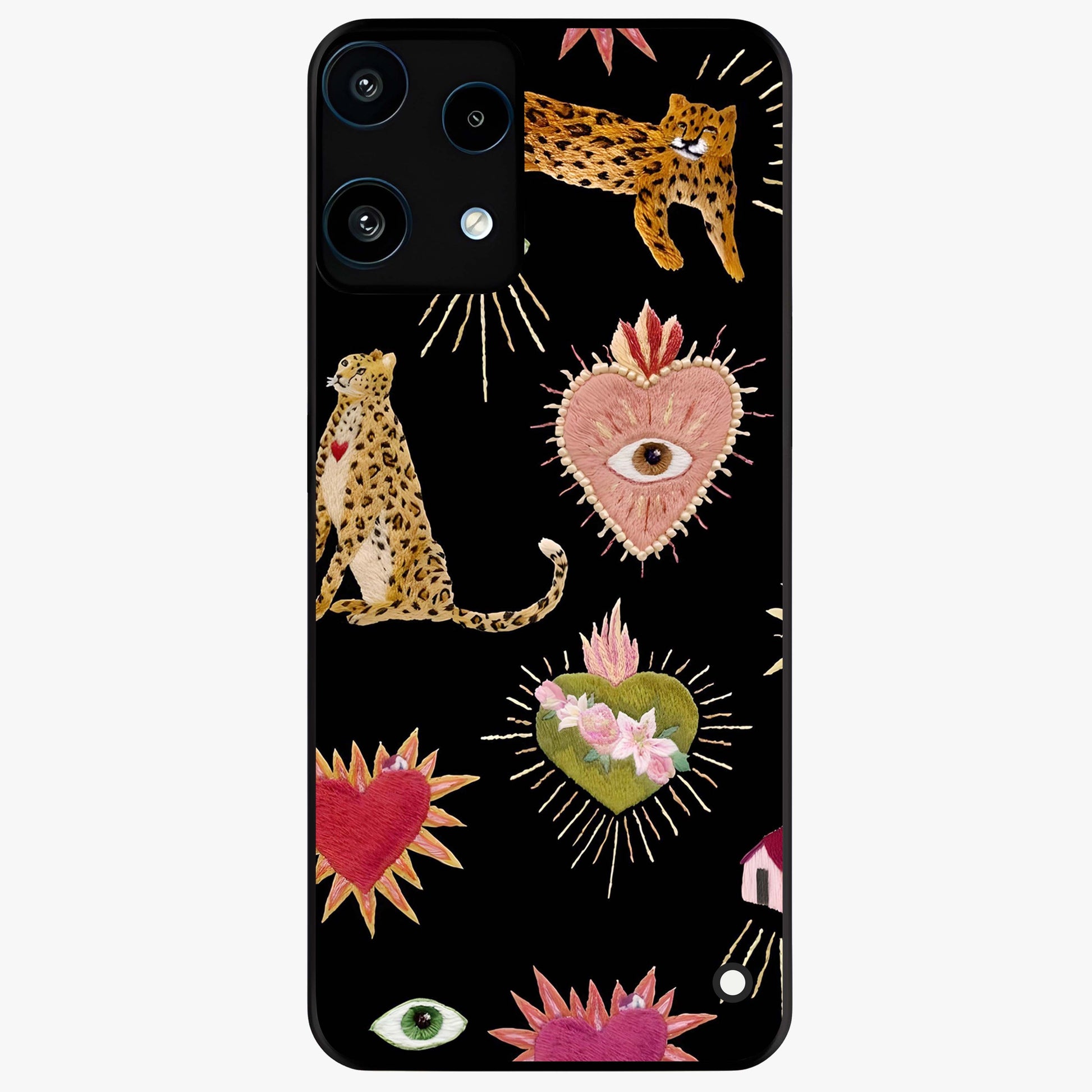 Sacred Jungle Heart Glass Case showing flat back view with jungle inspired heart artwork and glossy glass finish.