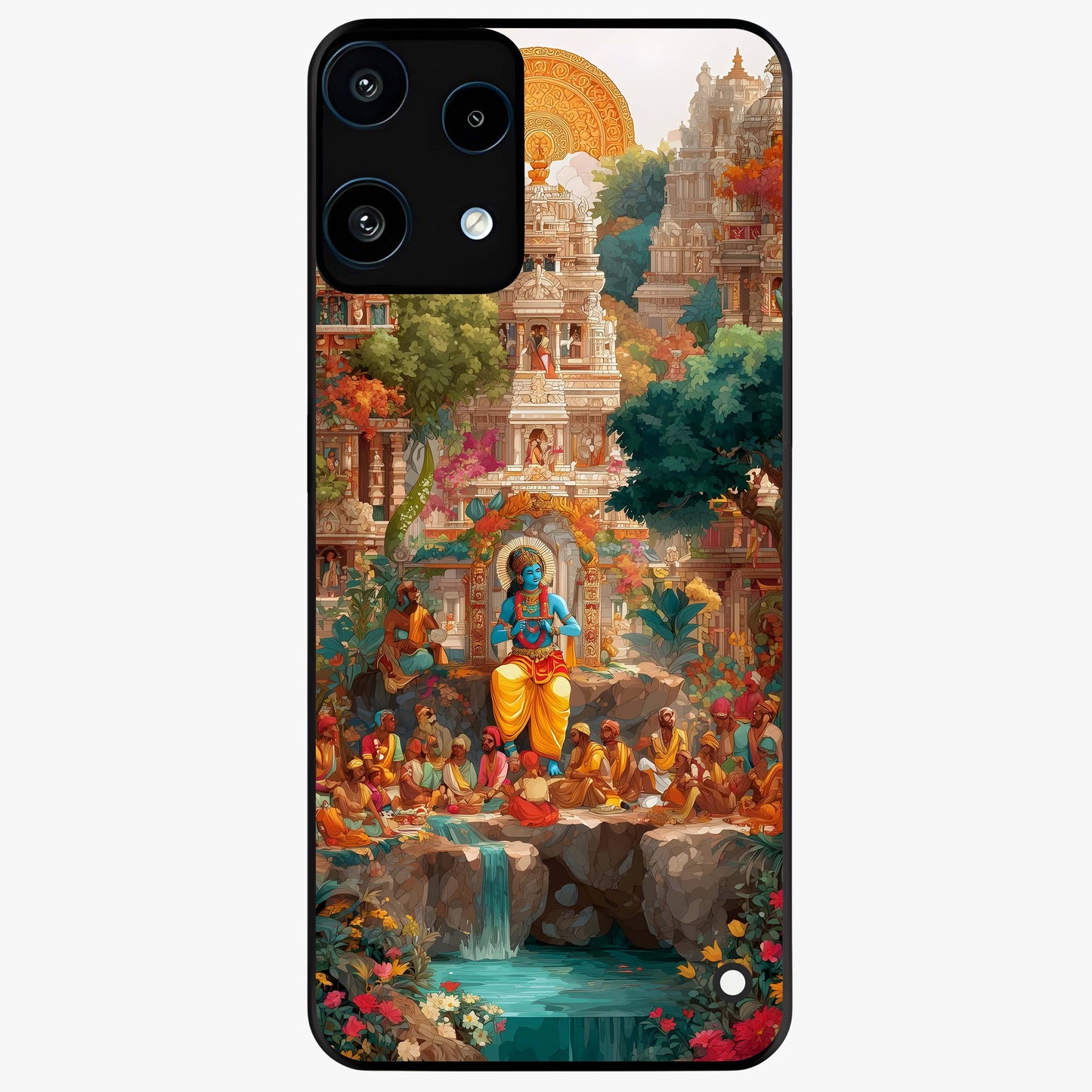Sacred Sunlight Gods Glass Case showing flat back view with divine sunlight themed artwork and glossy glass finish.