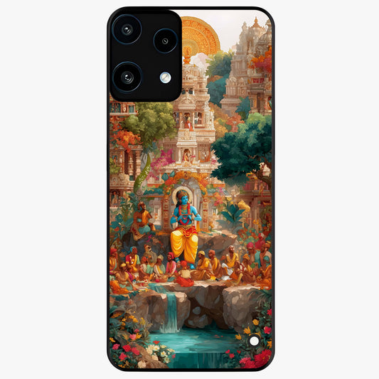Sacred Sunlight Gods Glass Case showing flat back view with divine sunlight themed artwork and glossy glass finish.