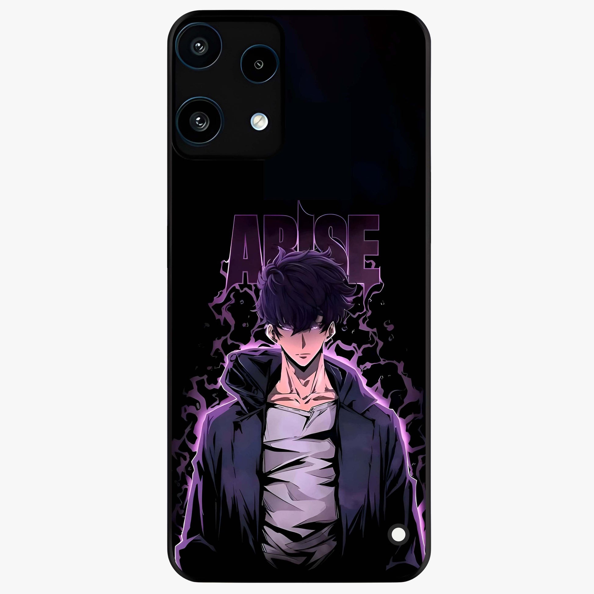 Shadow Monarch Awakening Glass Case showing flat back view with powerful dark monarch themed artwork and glossy glass finish.