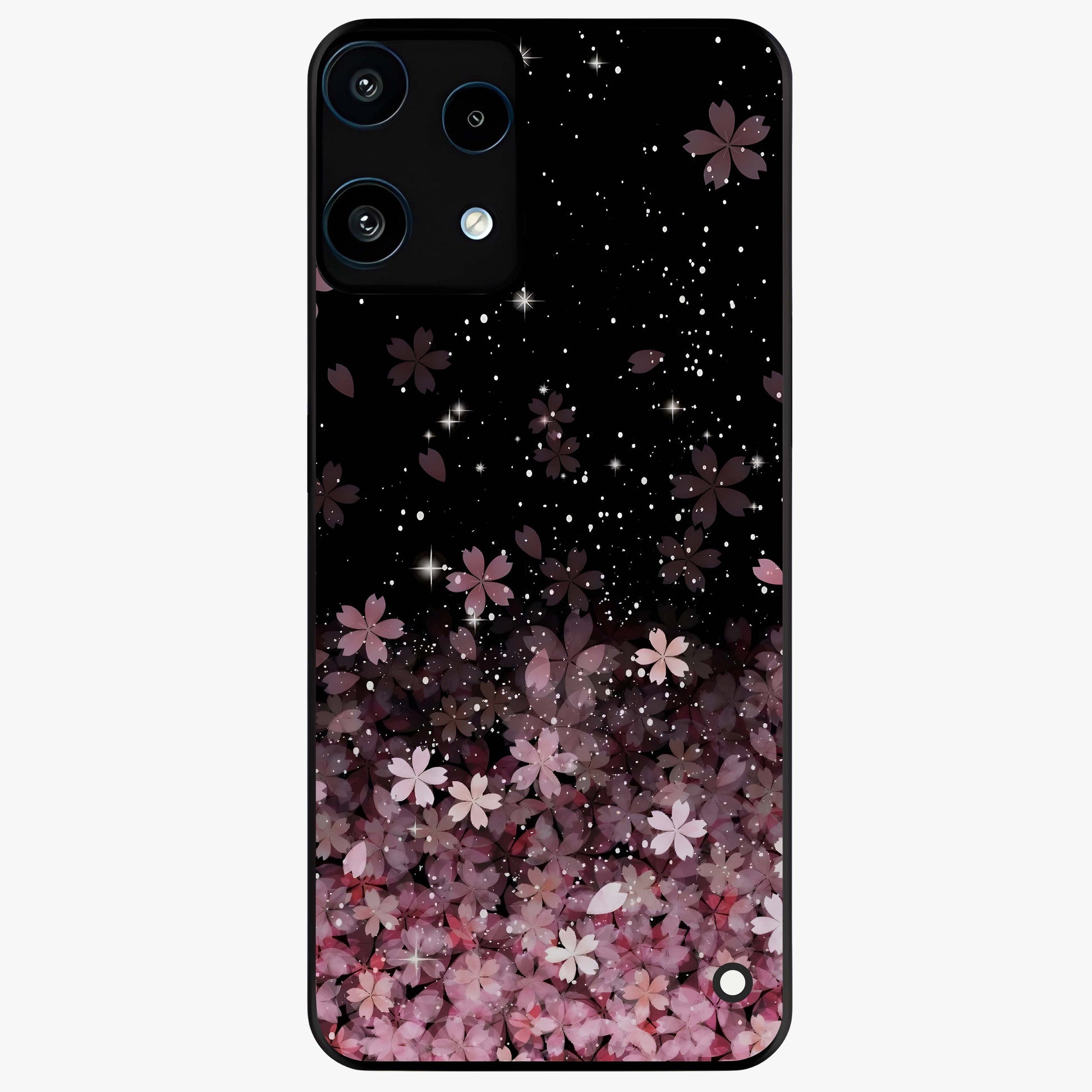 Small Starry Flowers Glass Case showing flat back view with delicate starry floral artwork and glossy glass finish.
