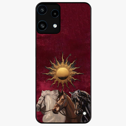 Solar Riders Glass Case showing flat back view with dynamic rider themed artwork and glossy glass finish.