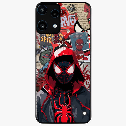 Spider Collage Street Glass Case showing flat back view with vibrant superhero collage artwork and glossy glass finish.
