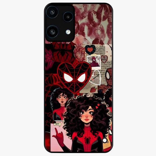 Spider Love Story Glass Case showing flat back view with romantic superhero themed artwork and glossy glass finish.