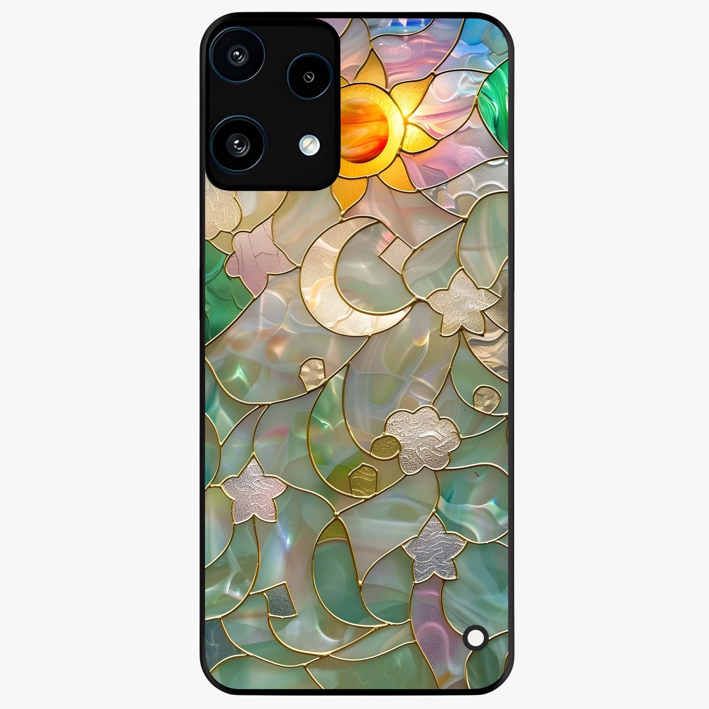 Stained Sunrise Glow Glass Case showing flat back view with glowing sunrise stained pattern artwork and glossy glass finish.