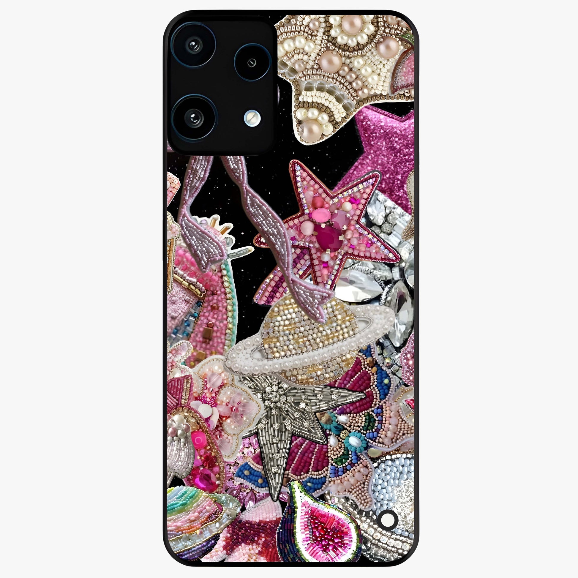 Starlit Jewel Dream Glass Case showing flat back view with sparkling jewel and star themed artwork and glossy glass finish.