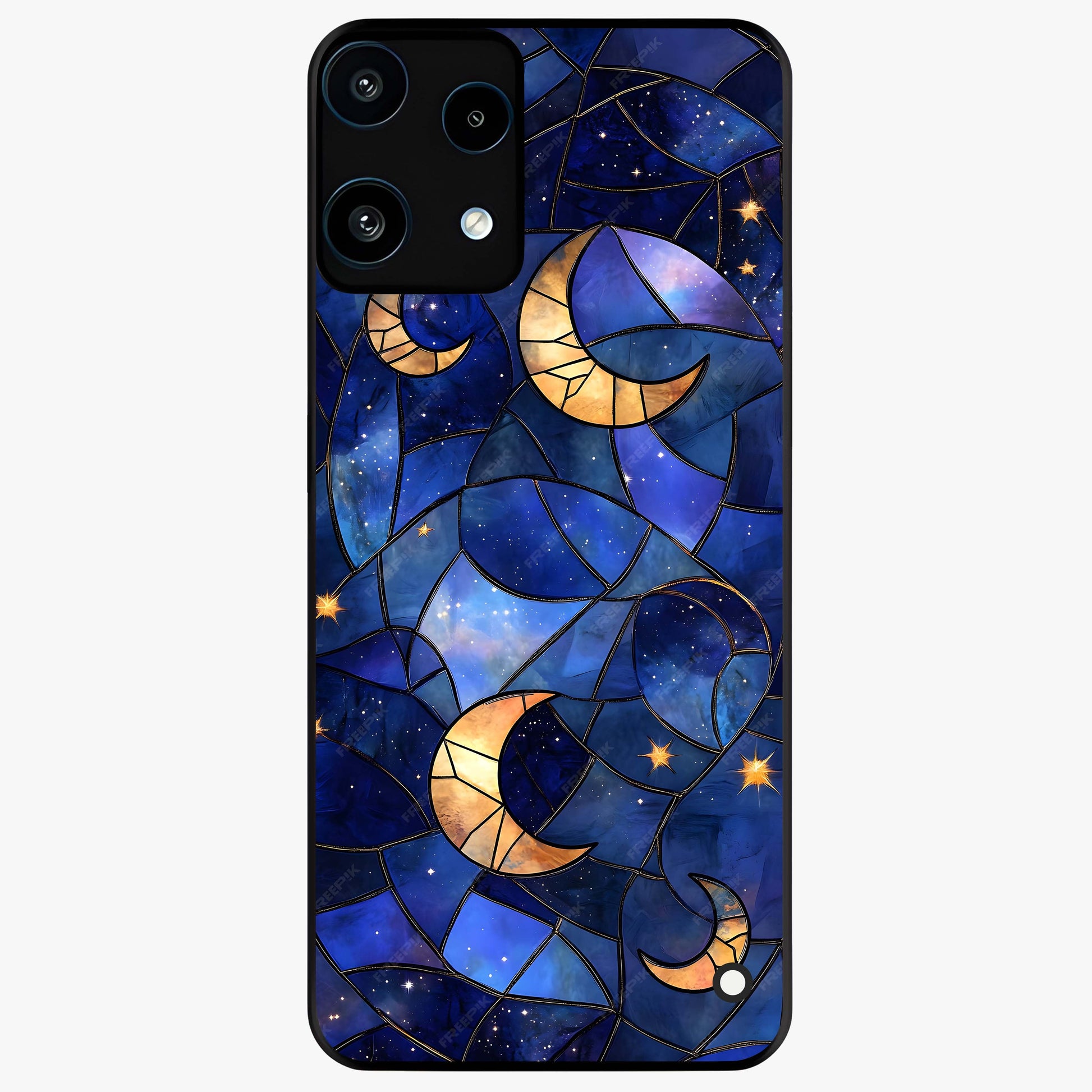 Starlit Sky Tapestry Glass Case showing flat back view with decorative starry sky tapestry artwork and glossy glass finish.