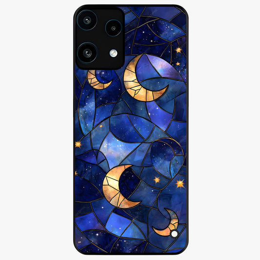 Starlit Sky Tapestry Glass Case showing flat back view with decorative starry sky tapestry artwork and glossy glass finish.