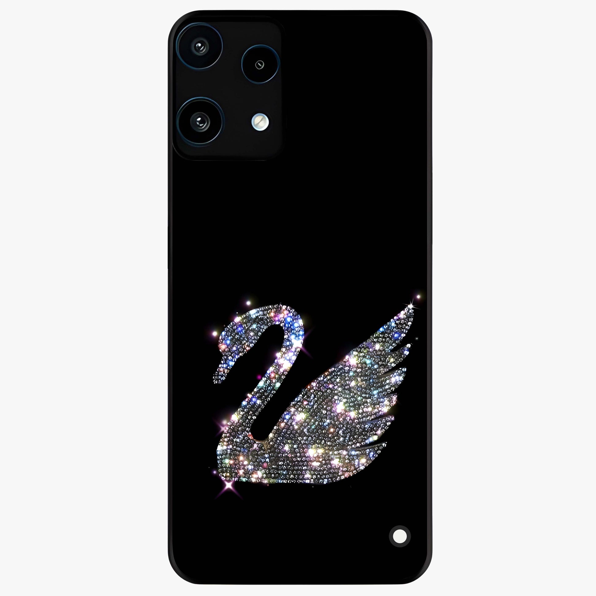 Starlit Swan Grace Glass Case showing flat back view with graceful swan artwork under starry sky and glossy glass finish.