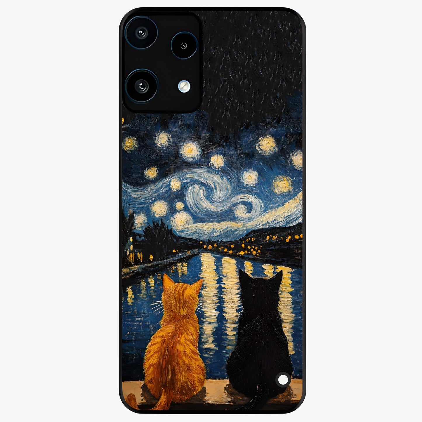 Starry River Cats Glass Case showing flat back view with cats by a starry river artwork and glossy glass finish.
