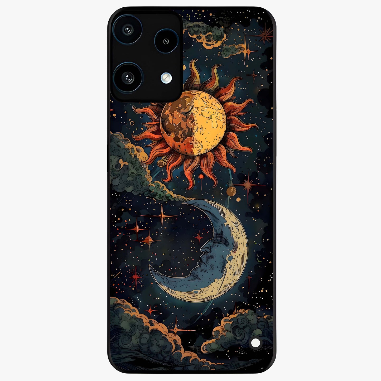 Sun And Moon Magic Design Glass Case showing flat back view with mystical sun and moon artwork and glossy glass finish.