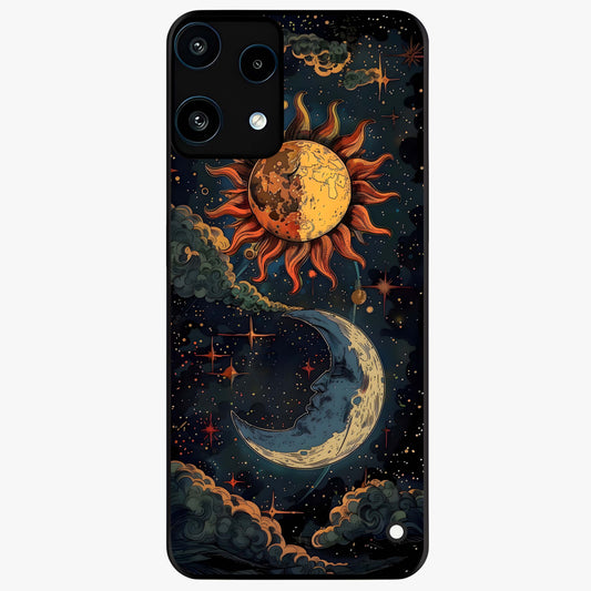 Sun And Moon Magic Design Glass Case showing flat back view with mystical sun and moon artwork and glossy glass finish.