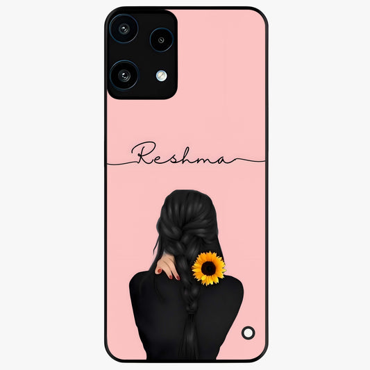 Sunflower Braid Beauty With Custom Name Glass Case showing flat back view with sunflower braid artwork and personalized name design.