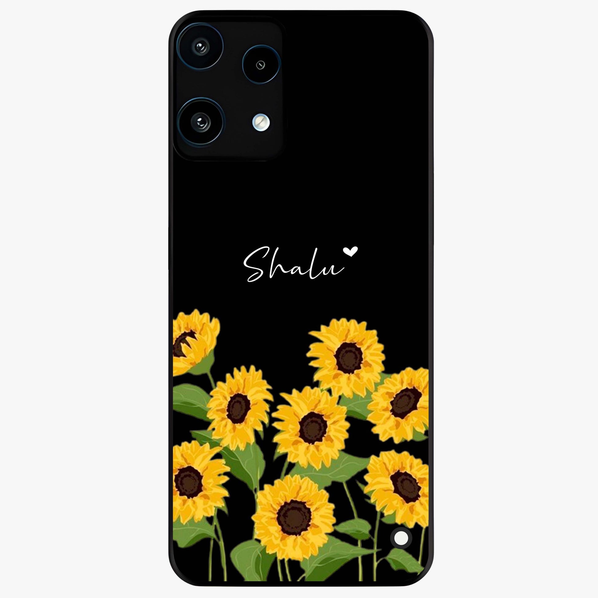 Sunflower Chic Mood Custom Name Glass Case showing flat back view with stylish sunflower artwork and personalized name design.