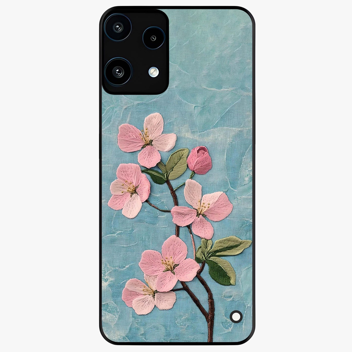 Threaded Blossom Breeze Glass Case showing flat back view with delicate blossom artwork and glossy glass finish.