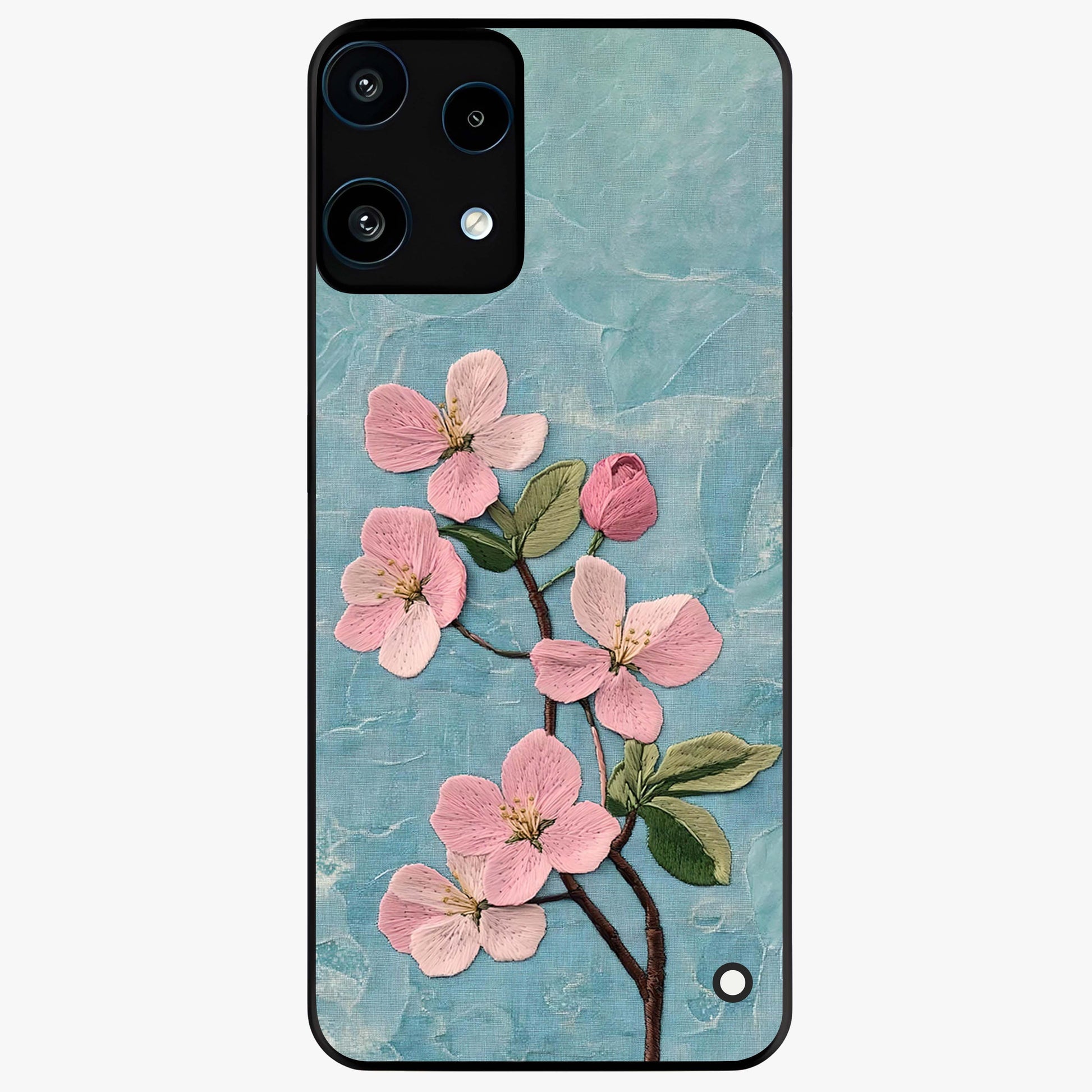 Threaded Blossom Breeze Glass Case showing flat back view with delicate blossom artwork and glossy glass finish.
