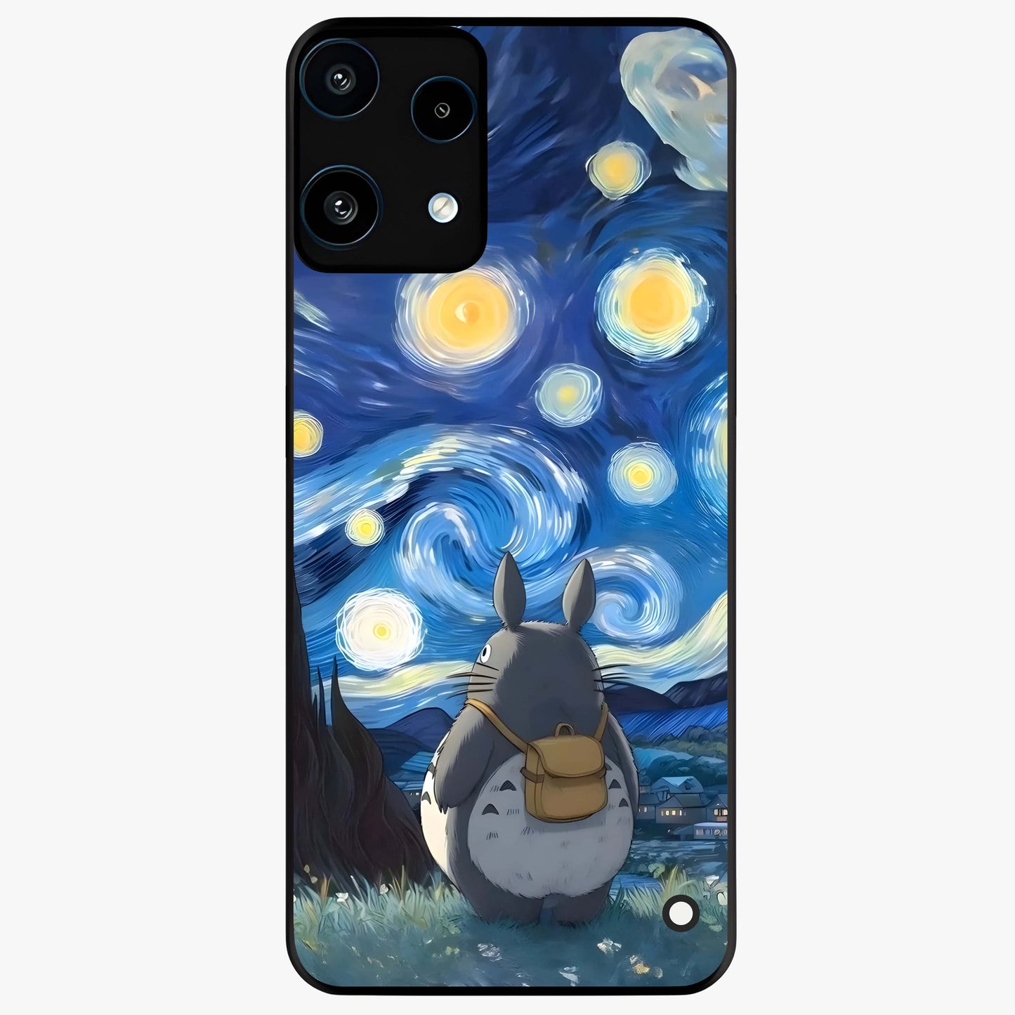 Totoro In Van Gogh Art Glass Case showing flat back view with whimsical character artwork inspired by Van Gogh style and glossy glass finish.