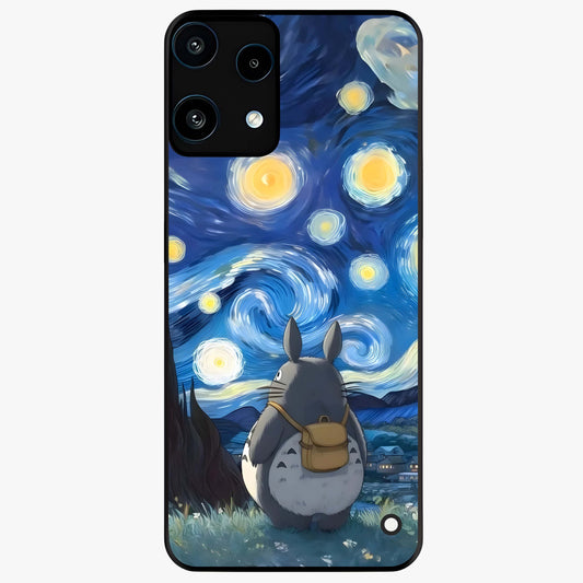 Totoro In Van Gogh Art Glass Case showing flat back view with whimsical character artwork inspired by Van Gogh style and glossy glass finish.
