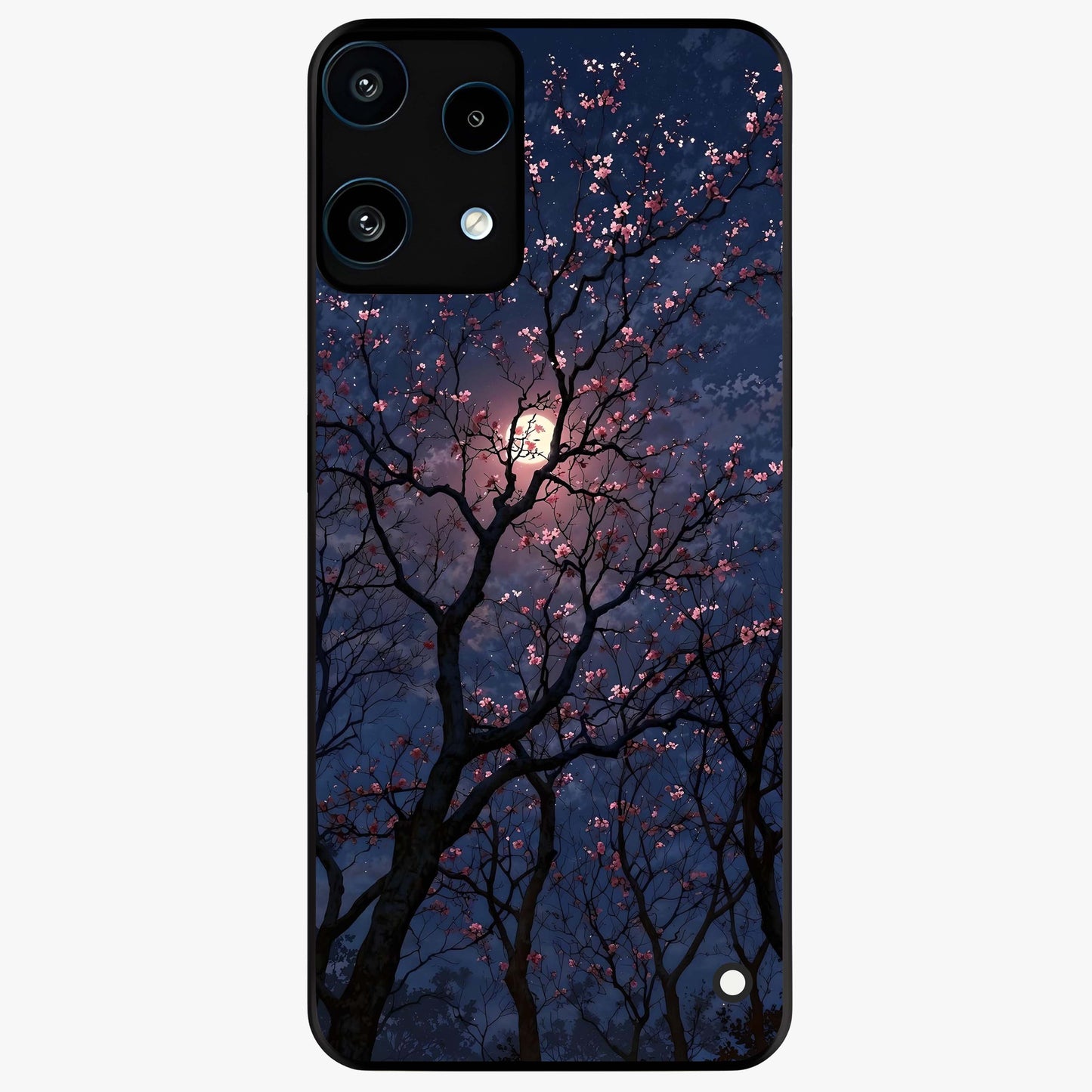 Twilight Sakura Serenade Glass Case showing flat back view with cherry blossom artwork at twilight and glossy glass finish.