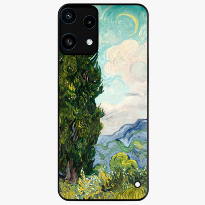 Van Gogh Vintage Art Glass Case showing flat back view with vintage painterly artwork inspired by Van Gogh style and glossy glass finish.