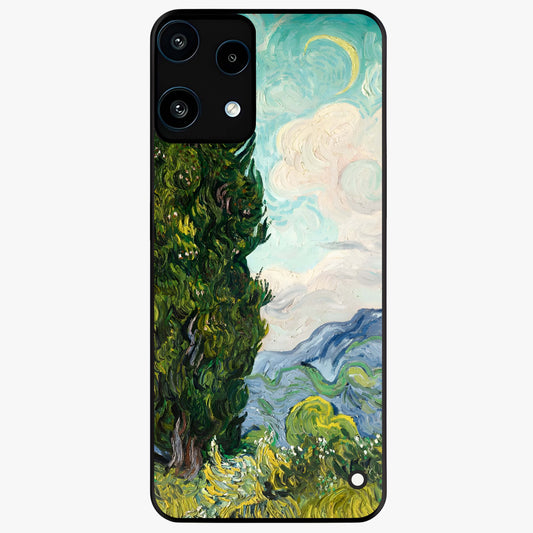 Van Gogh Vintage Art Glass Case showing flat back view with vintage painterly artwork inspired by Van Gogh style and glossy glass finish.