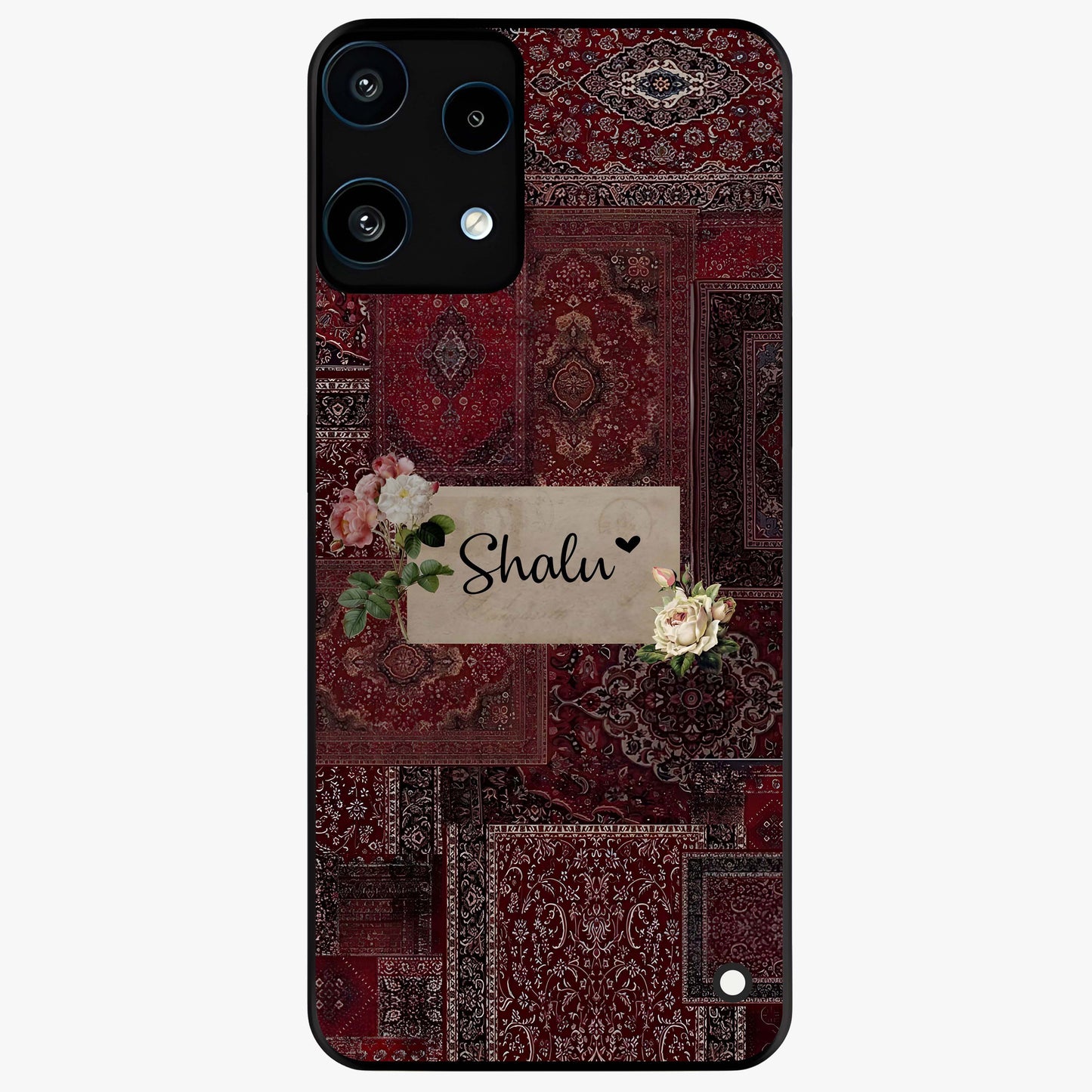 Velvet Wine Pattern Custom Name Glass Case showing flat back view with elegant wine colored pattern artwork and personalized name design.
