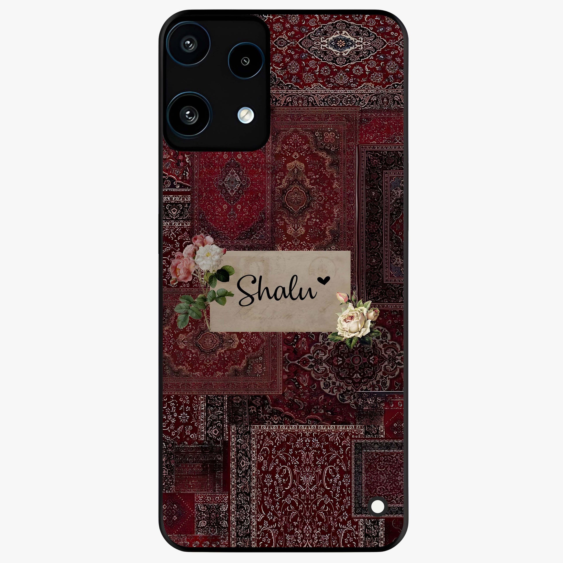 Velvet Wine Pattern Custom Name Glass Case showing flat back view with elegant wine colored pattern artwork and personalized name design.